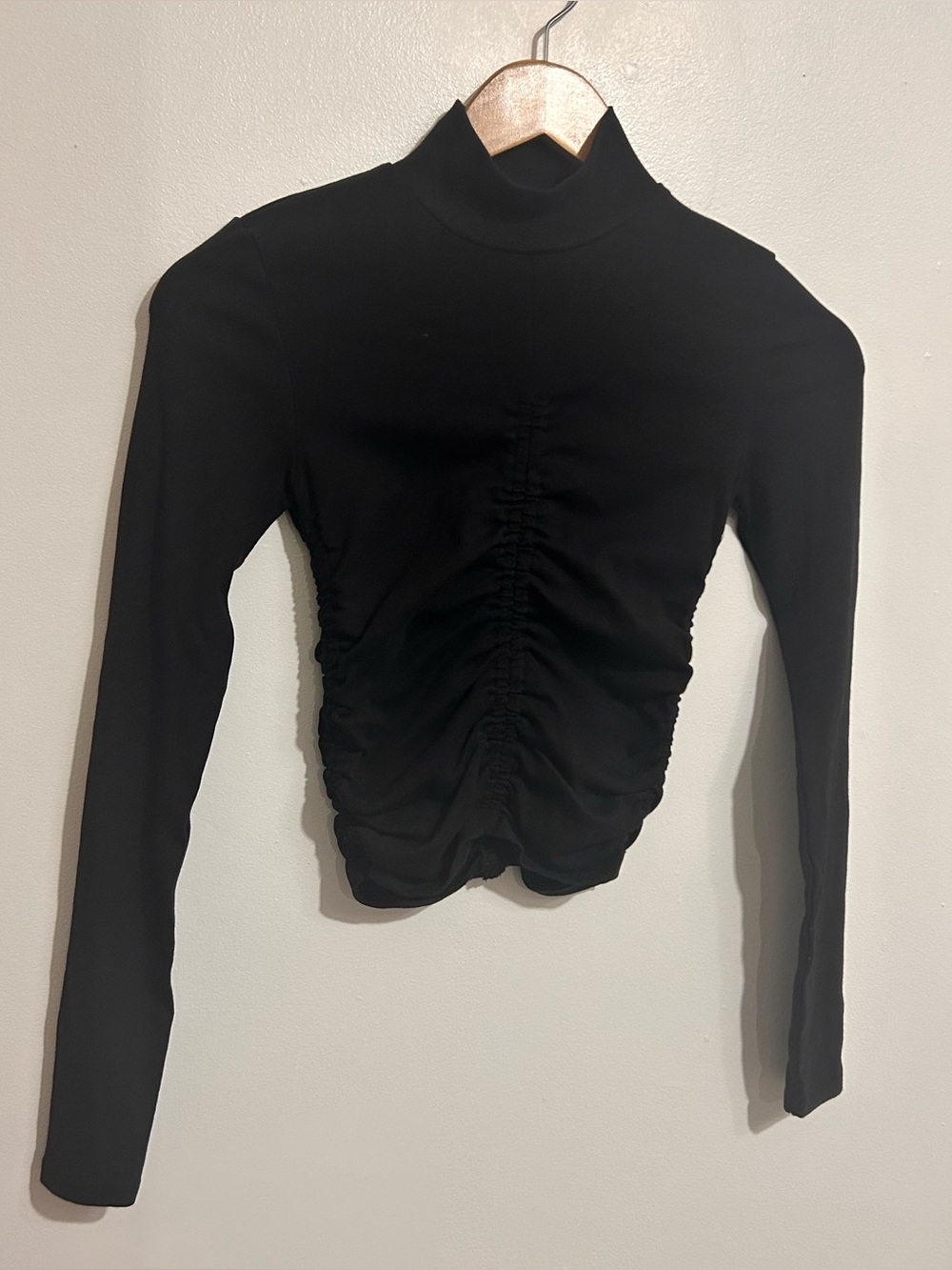 Zara Black Ruched Mock Neck Long Sleeve Top